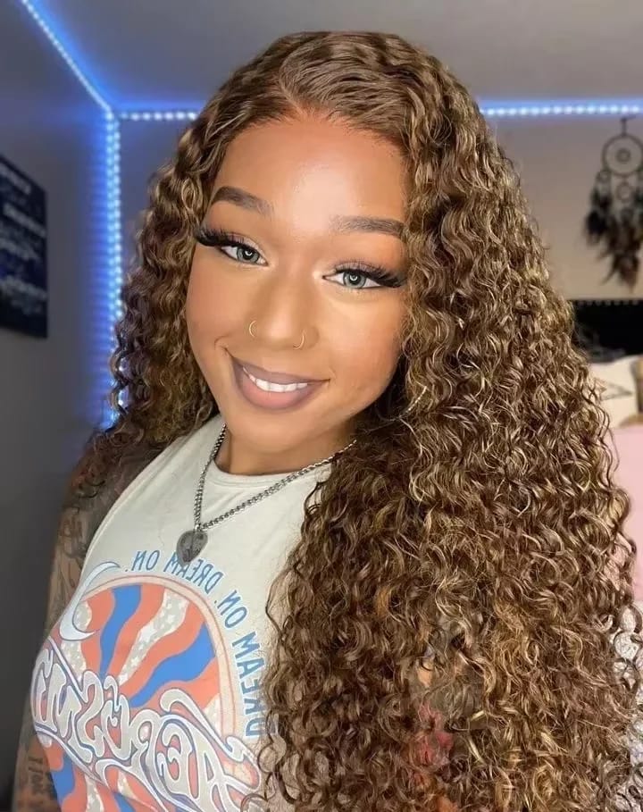 Customer photo review of Human Hair Wig Ombre Curly Loose Deep Wave Lace Front — Honey Blonde | KIMLUD
