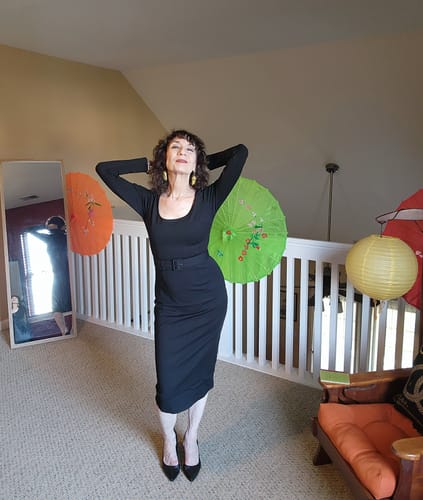 Customer photo review of Troublemaker Wiggle Dress in Black - Vixen by Micheline Pitt