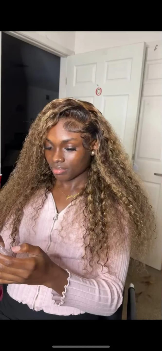 Customer photo review of Human Hair Wig Ombre Curly Loose Deep Wave Lace Front — Honey Blonde | KIMLUD