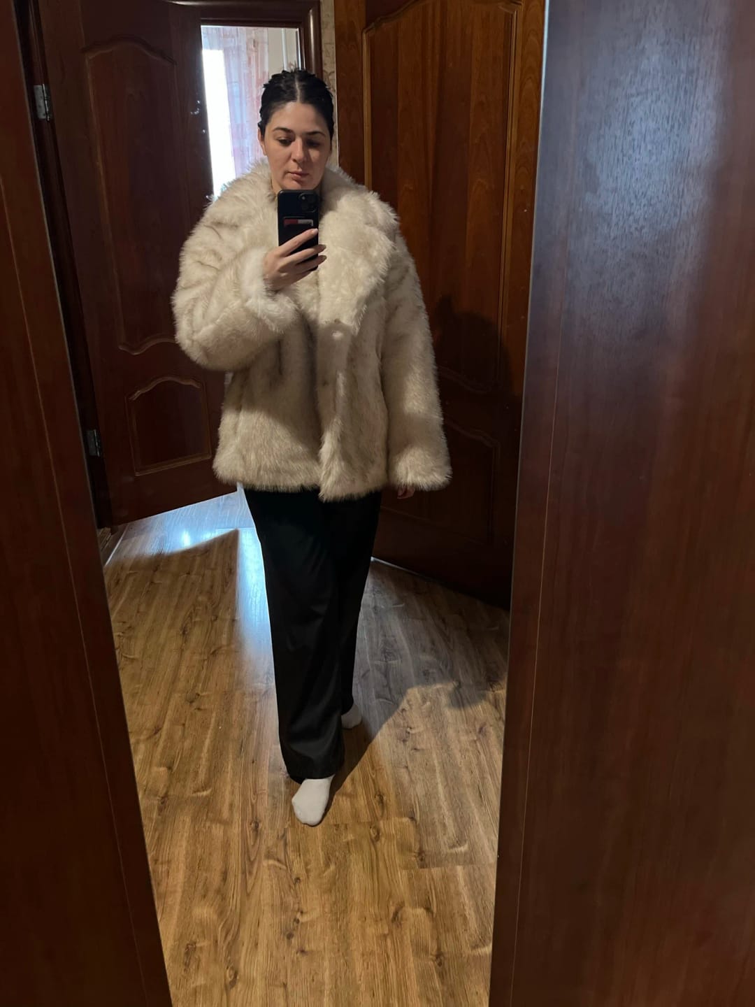 Customer photo review of Faux Fur Long Plush Coat Streetwear High Quality Fluffy Dyed Fox Fur — Black | KIMLUD