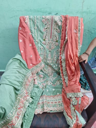 Customer photo review of Green Floral Embroidered Chinon Palazzo Suit