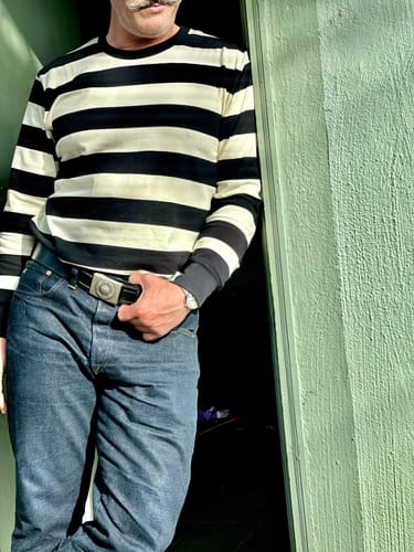 Customer photo review of 9 oz Wide Striped Long Sleeve T-Shirt