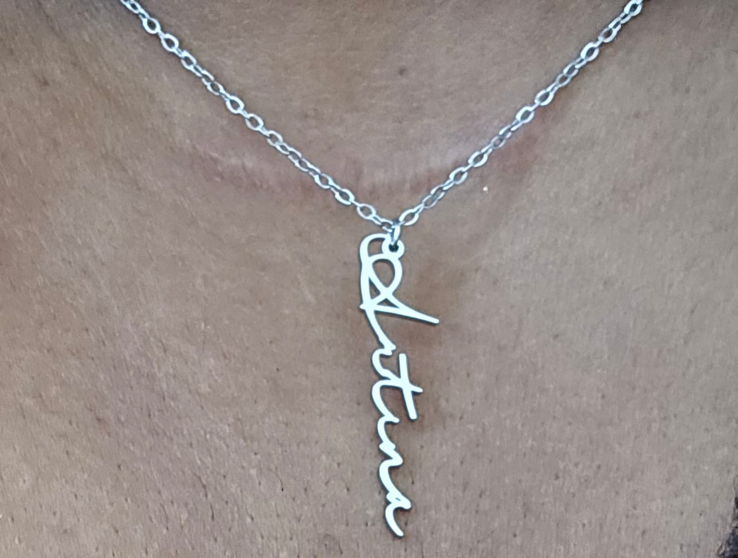 Customer photo review of Vertical Script Name Necklace