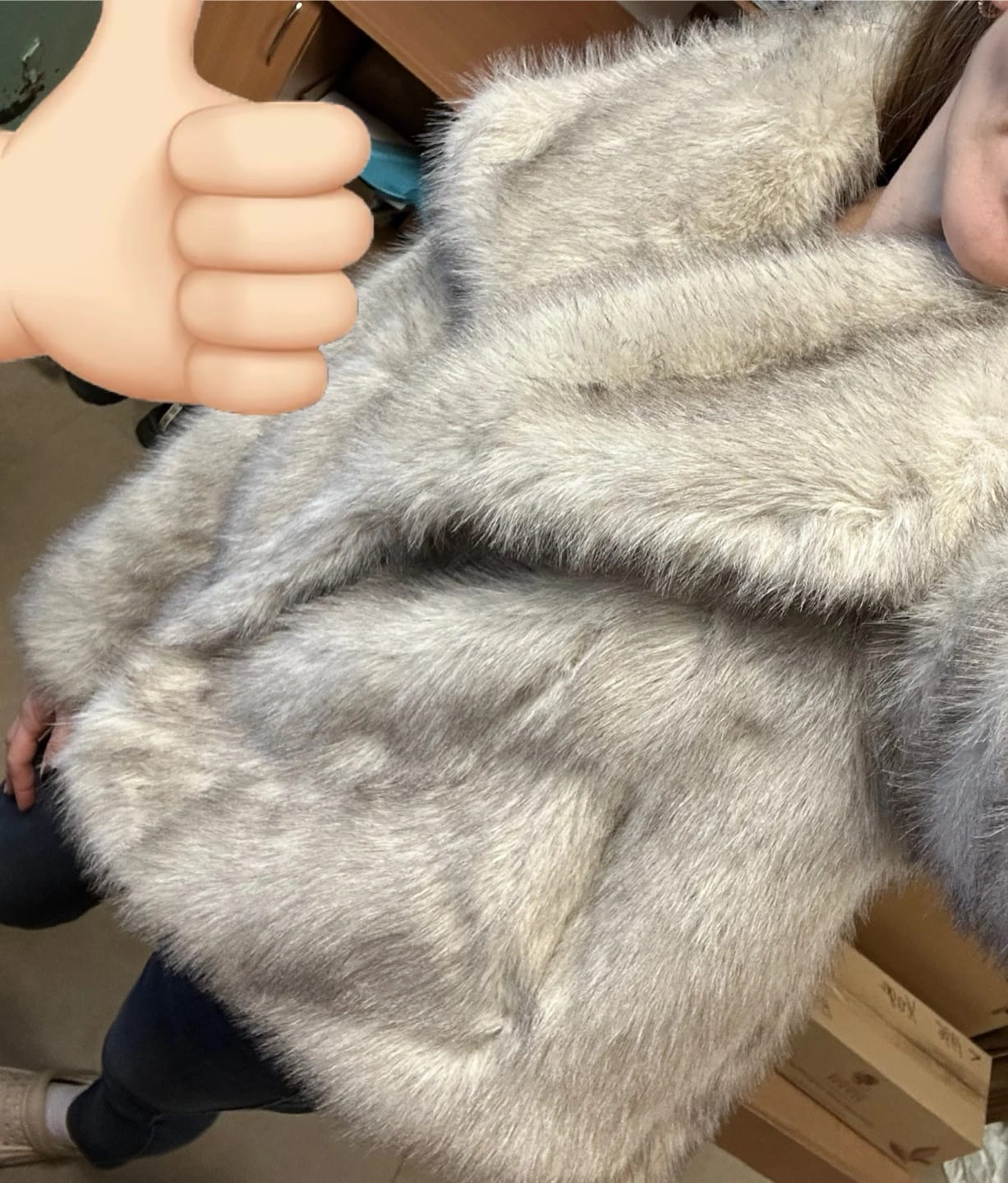 Customer photo review of Gradient Faux Fox Fur Coat With Big Fur Collar — Black | KIMLUD