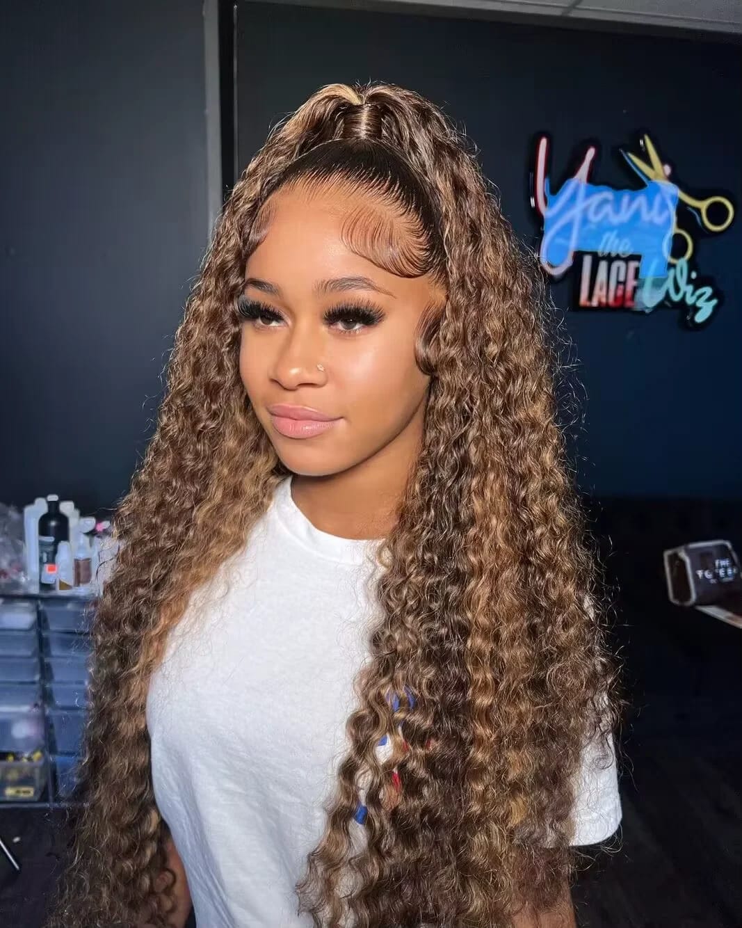 Customer photo review of Human Hair Wig Ombre Curly Loose Deep Wave Lace Front — Honey Blonde | KIMLUD