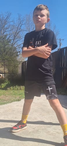 Customer photo review of Psalm 56:3 'Cross' Youth Performance Shorts