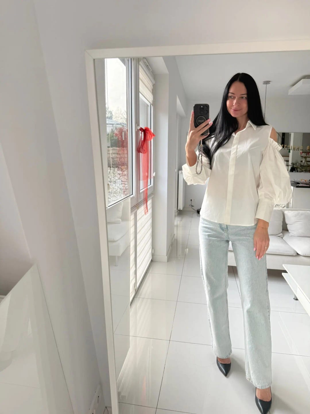 Customer photo review of Cotton-Blend Tuxedo Shirt Batwing Sleeve Cold Shoulder — Black | KIMLUD