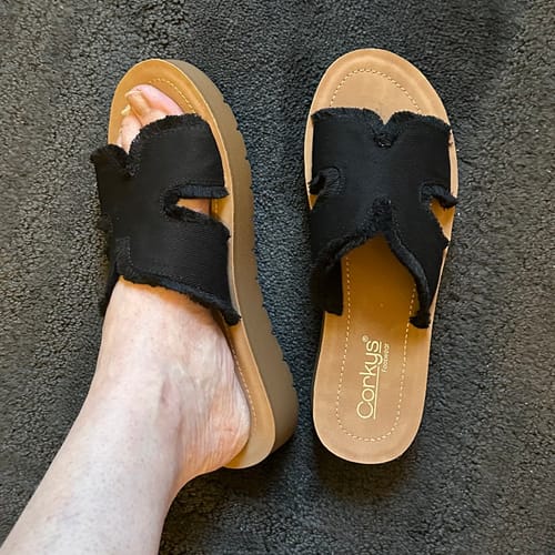 Customer photo review of Corky's Hold Please Black Frayed Sandals