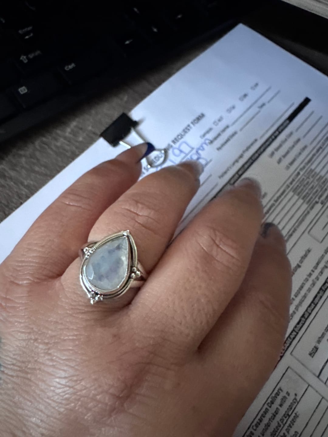 Customer photo review of Teardrop Faceted Moonstone Ring