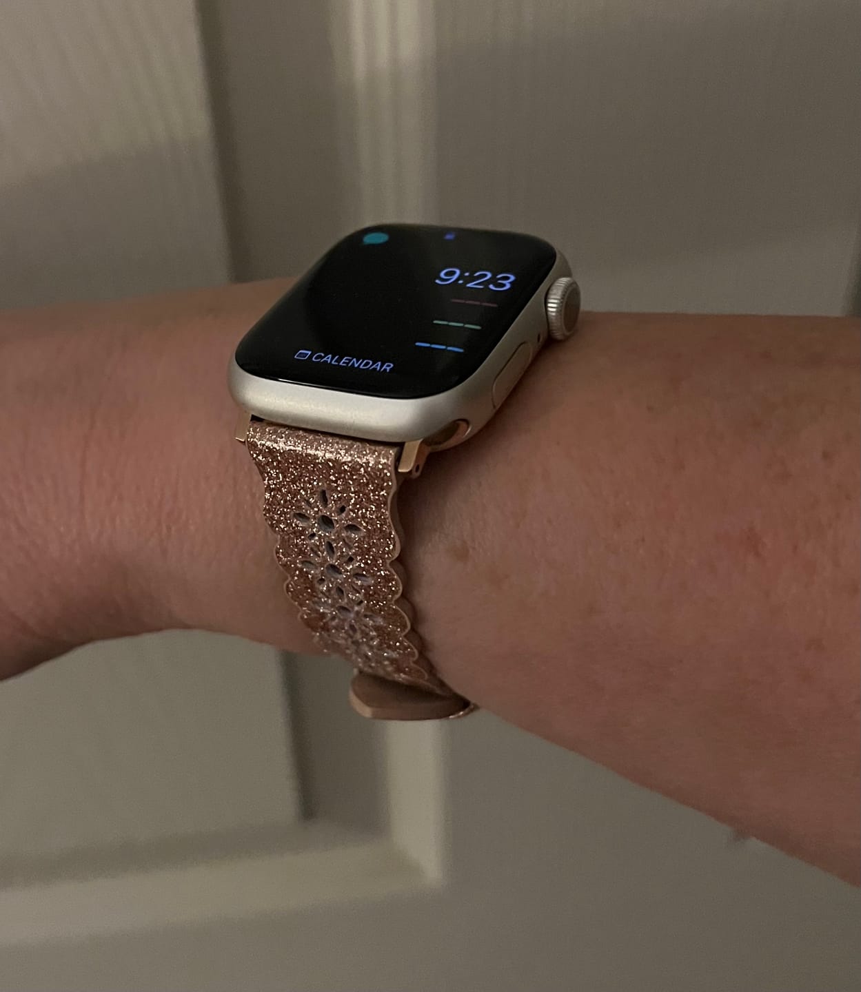 Customer photo review of Glitter Leather, Laser Cut Lace Watch Band for Apple Watch