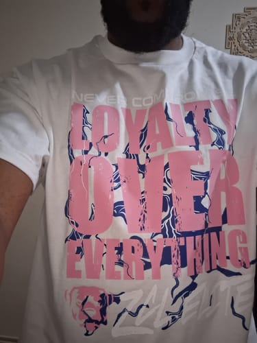 Customer photo review of Oversized Loyalty Over Everything Tee (Multi Color Logo)