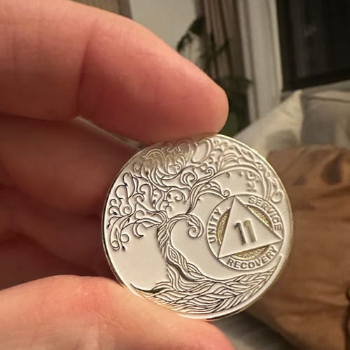 Customer photo review of 11 Year Sobriety Mint Twisted Tree of Life Gold Plated AA Recovery Medallion - Eleven Year Chip/Coin - White