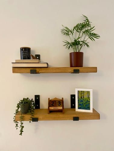 Customer photo review of Narrow Rustic Wooden Shelves with Metal Wall Brackets | 15cm Depth