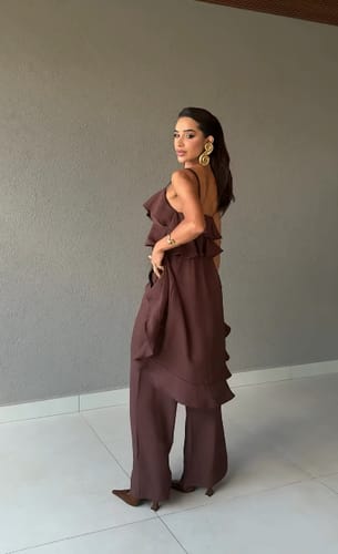 Customer photo review of Agnes Chiffon Ruffle Front Slit Midi Slip Top and Elastic Waist Pocket Loose Pants Set