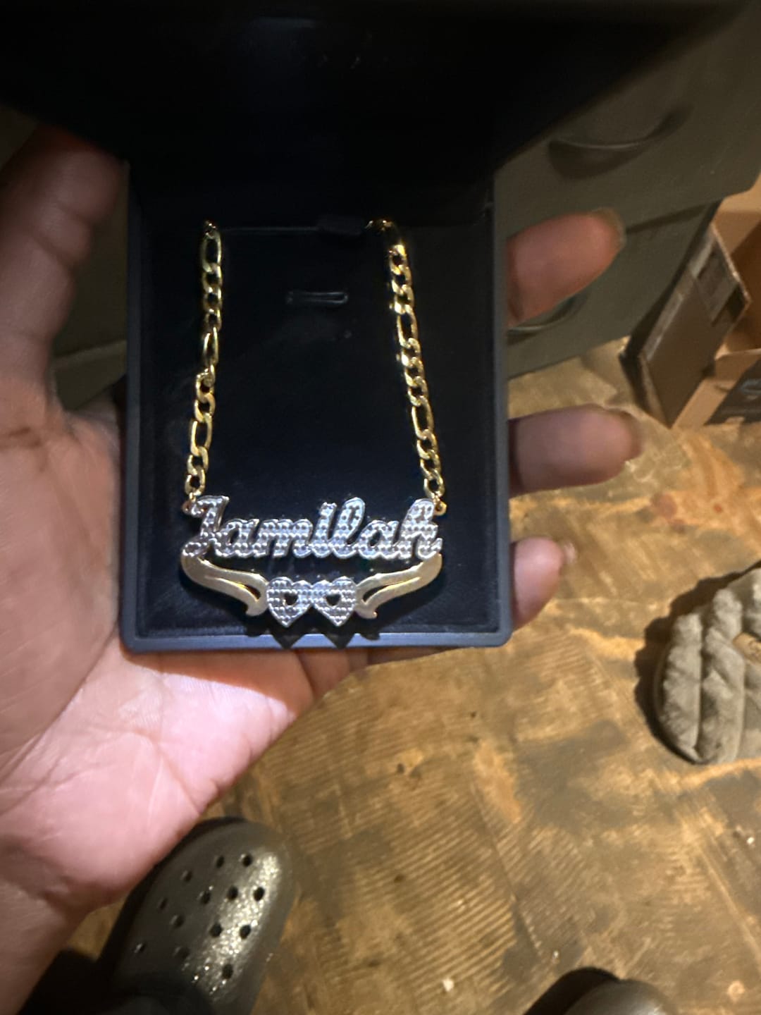 Customer photo review of Double Hearted 3D Plated Name Necklace