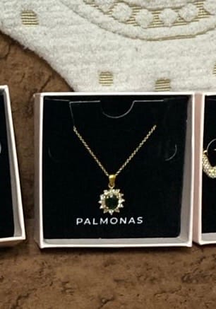 Customer photo review of Green Sapphire and Diamond Halo Pendant