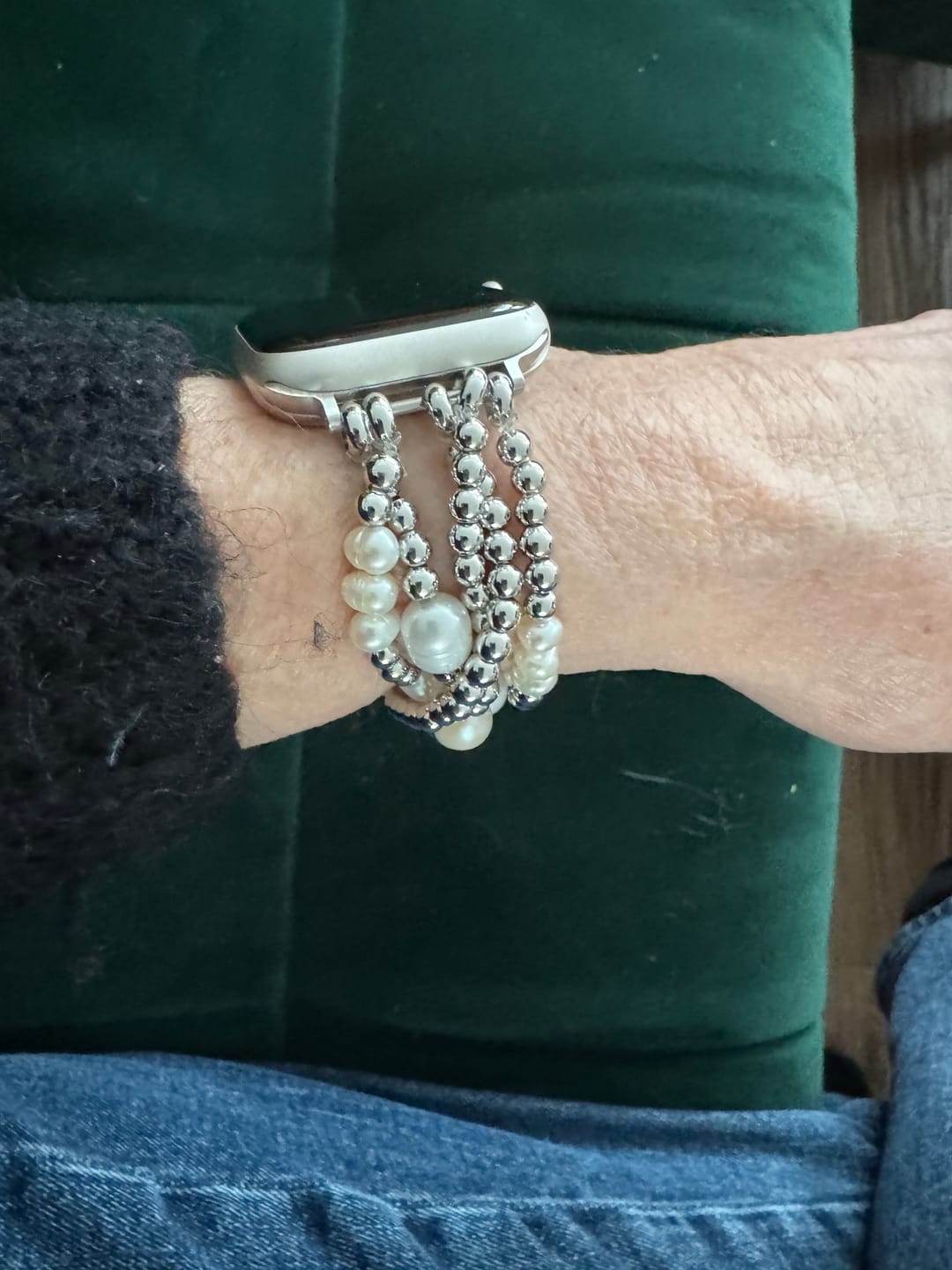 Customer photo review of Pearl and Silver Stretch Apple Watch Strap