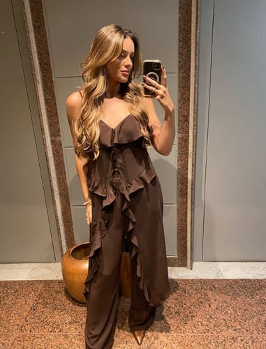 Customer photo review of Agnes Chiffon Ruffle Front Slit Midi Slip Top and Elastic Waist Pocket Loose Pants Set