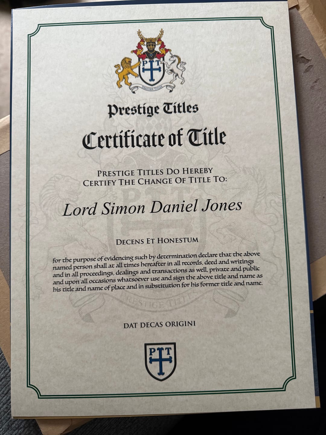 Customer photo review of Lord Title Pack