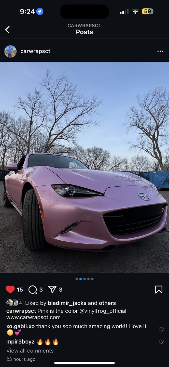 Customer photo review of Glossy Metallic Passion Pink Vinyl Wrap