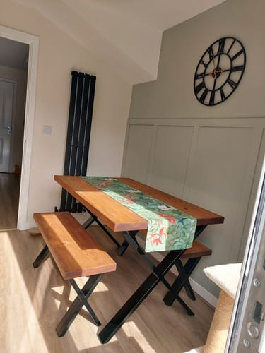 Customer photo review of Industrial Dining Table with X-Frame Leg