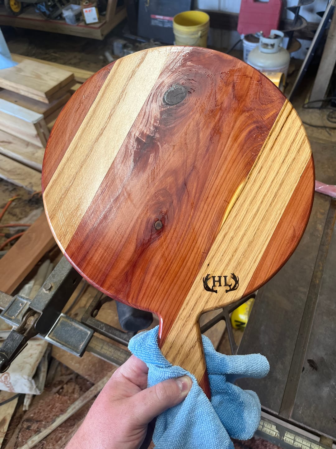 Customer photo review of 15.7x12" Small Round Charcuterie Board With Handle Acrylic Router Template