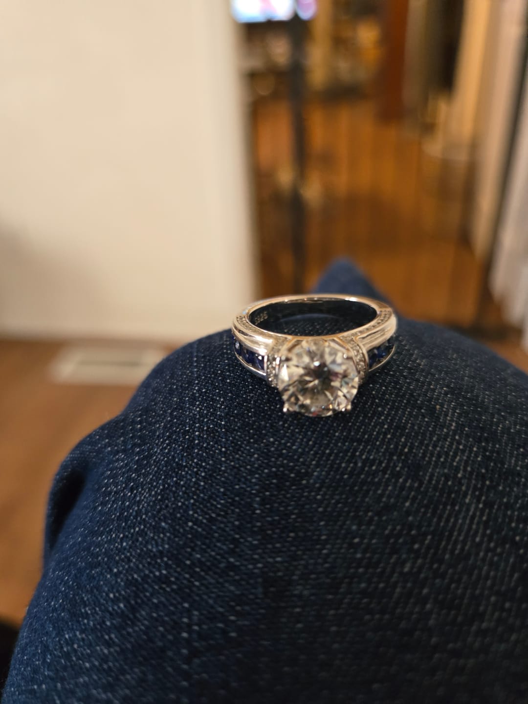 Customer photo review of Moissanite With Channel Set Sapphire Accents Engagement Ring
