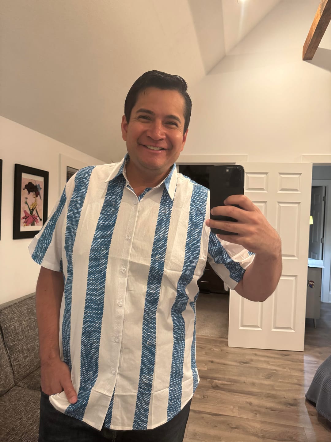 Customer photo review of Men's Vintage Blue  Vertical Striped Casual Short Sleeve Shirt