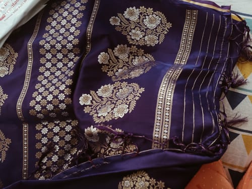 Customer photo review of Purple Floral Design Zari Woven Satin Saree