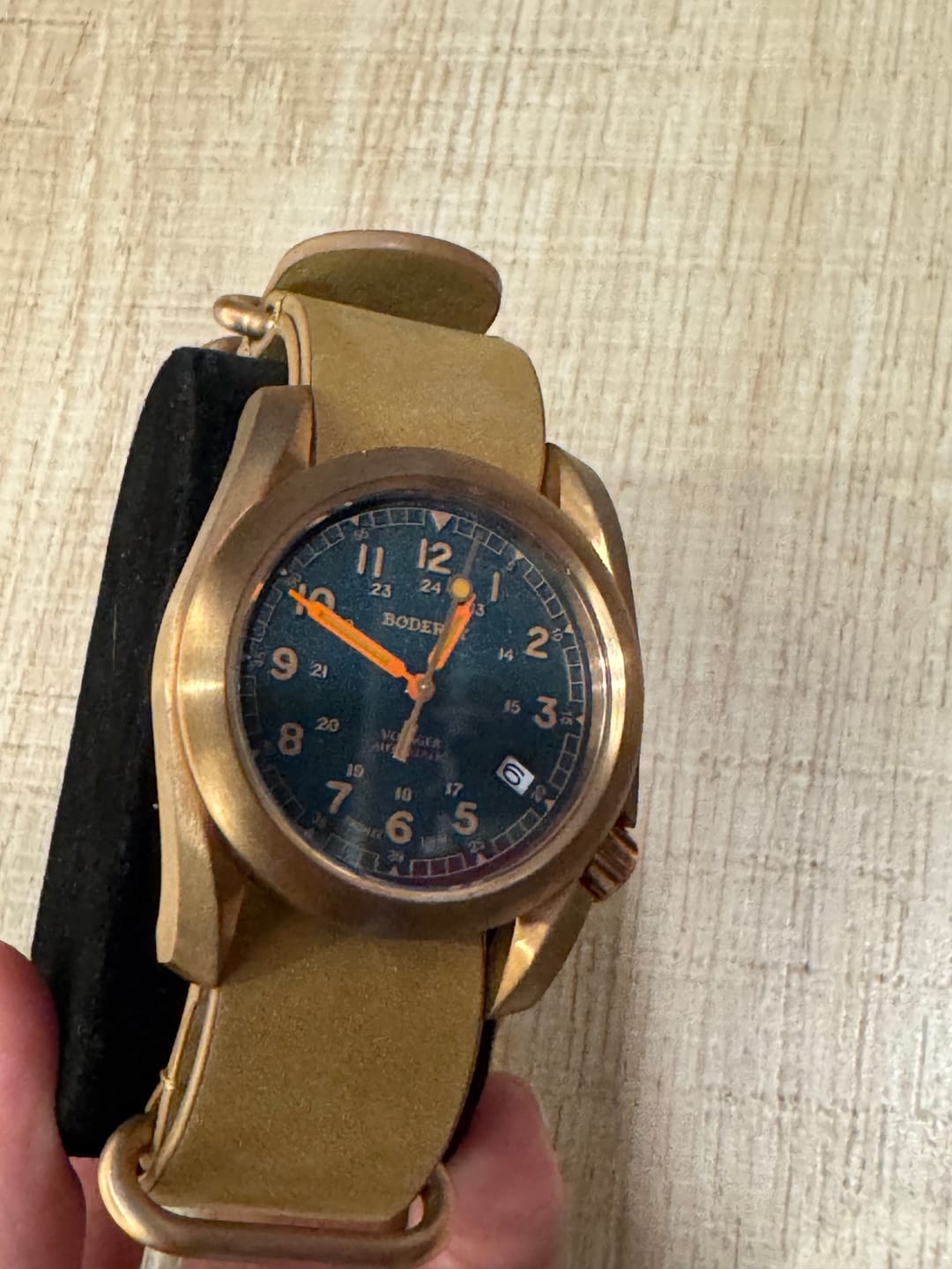 Customer photo review of VOYAGER - 100M Waterproof Bronze Automatic Field Watch | Sandstone Green