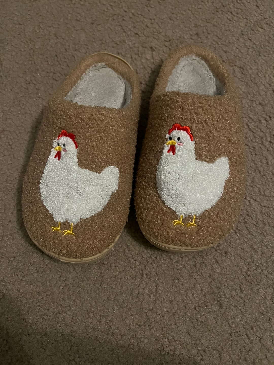Customer photo review of Brown Fuzzy Chicken Slippers - Adult