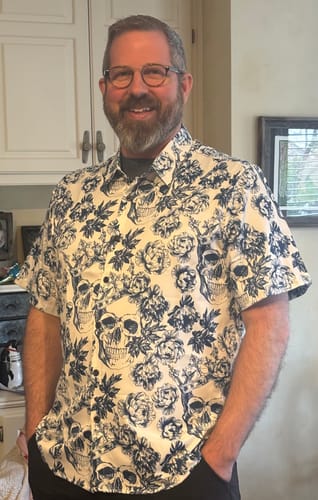 Customer photo review of Men's Punk Rock Crown Floral Skull Print Short Sleeve Shirt