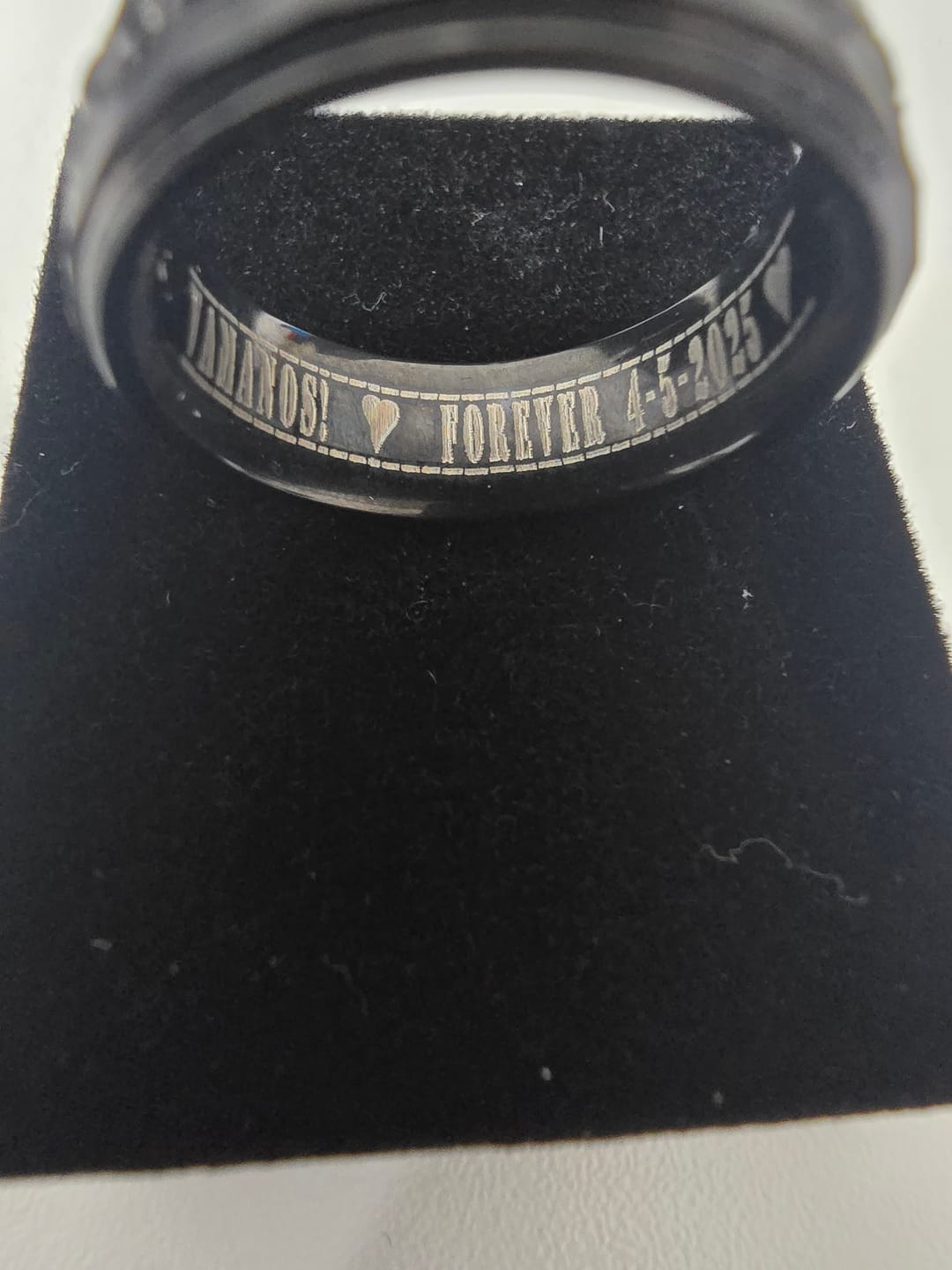 Customer photo review of 8mm - Black Tungsten Hammered Wedding Band, with Black Sapphires Stepped Edges