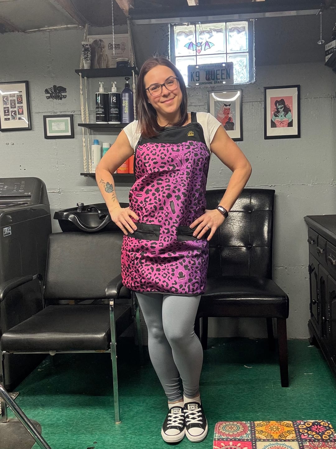 Customer photo review of Exotic Leopard Barber Apron - Purple