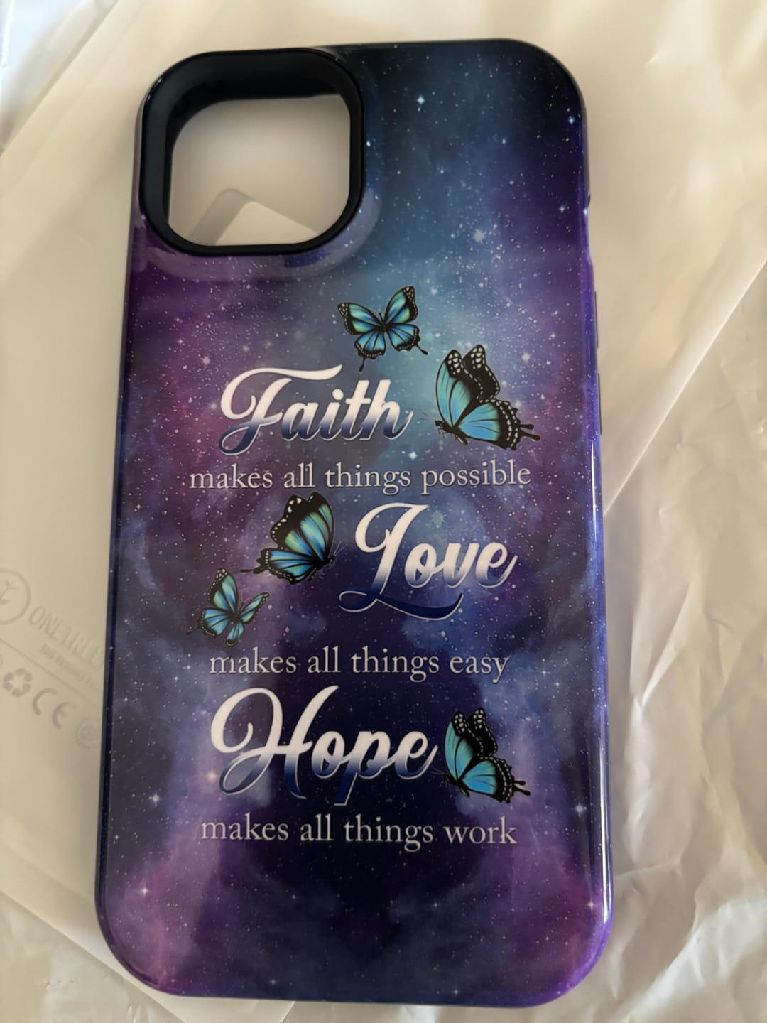 Customer photo review of Butterfly Faith Makes All Things Possible Christian Phone Case