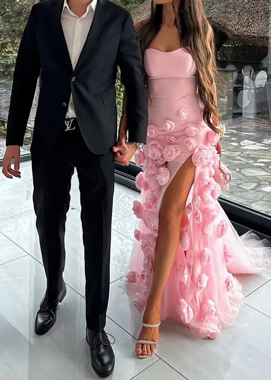Customer photo review of Satin Mermaid Prom Dress 3D Flowers, Sleeveless — Pink | KIMLUD