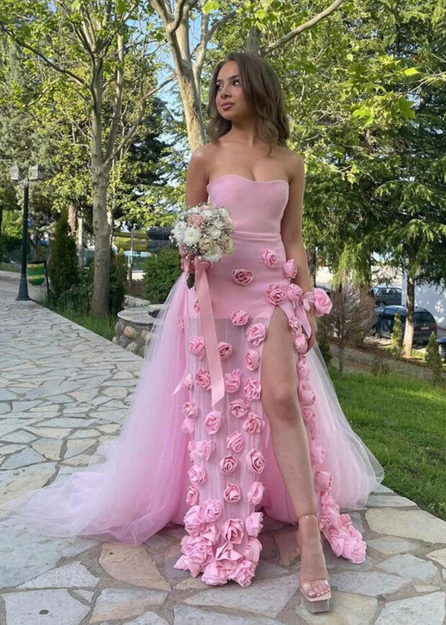 Customer photo review of Satin Mermaid Prom Dress 3D Flowers, Sleeveless — Pink | KIMLUD
