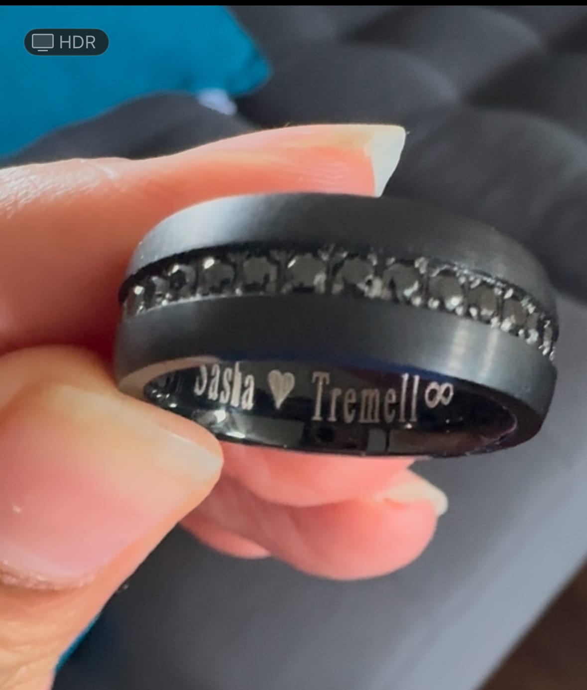 Customer photo review of 8mm Black Tungsten Wedding Band with Black Sapphires