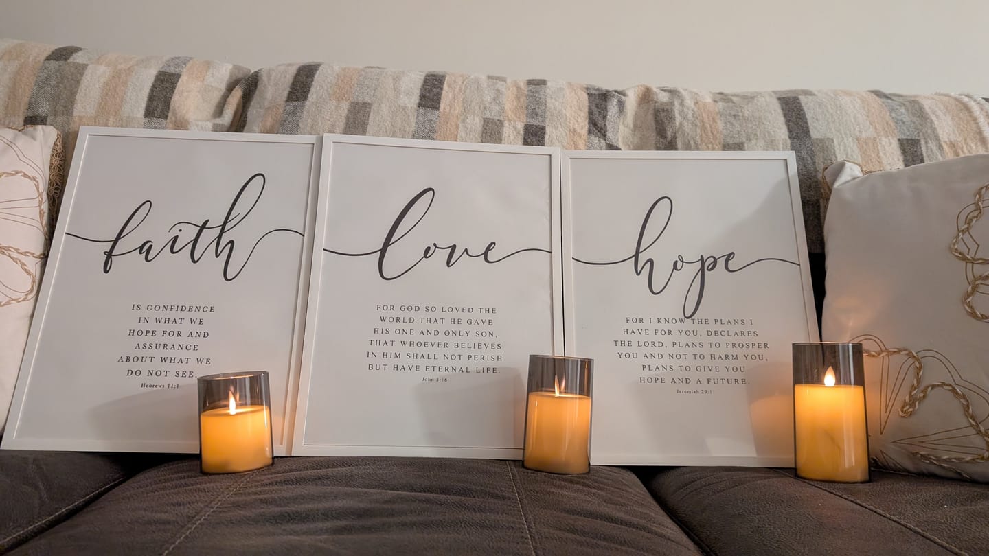 Customer photo review of Handmade (Faith Hope Love) Bible Verse Canvas by Godisabove™