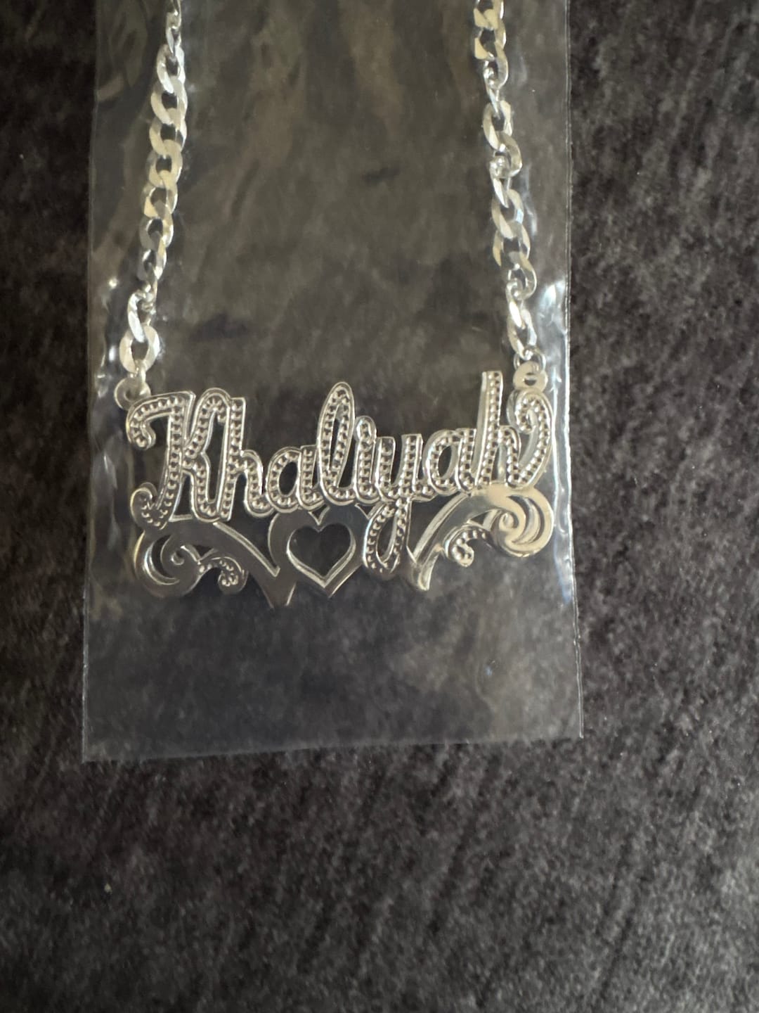 Customer photo review of Double Nameplate Necklace w/ Love Heart "Laurie"