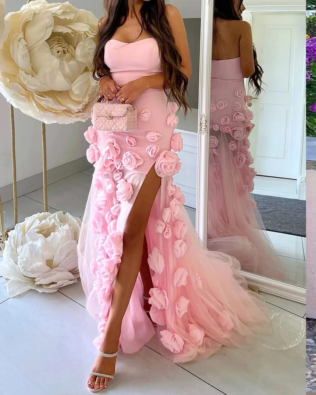 Customer photo review of Satin Mermaid Prom Dress 3D Flowers, Sleeveless — Pink | KIMLUD