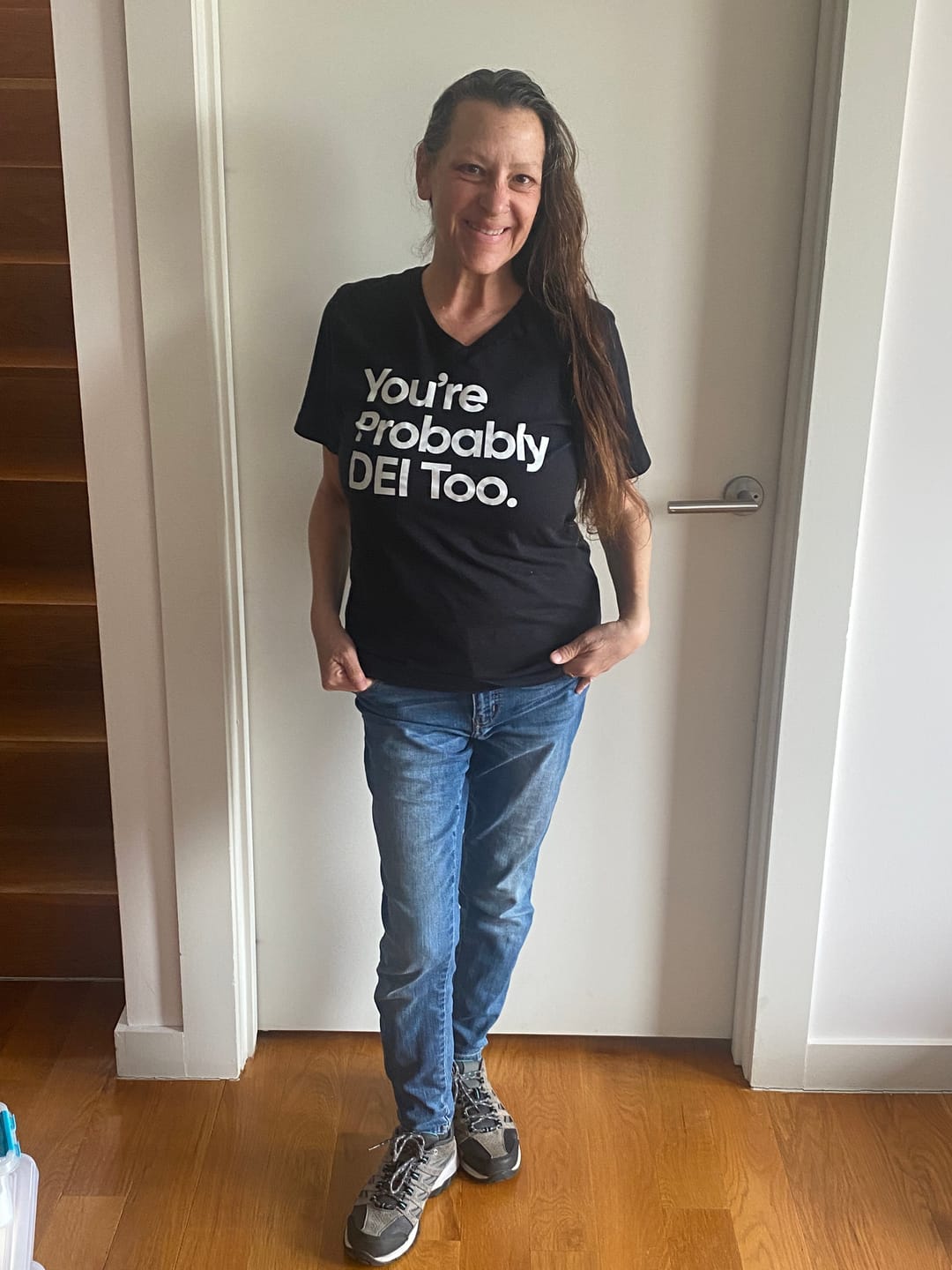 Customer photo review of You're Probably DEI Too *BLACK V-NECK* Unisex Tee (Front and Back Design Print)