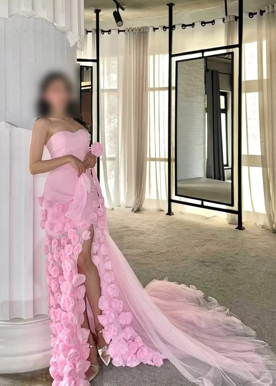 Customer photo review of Satin Mermaid Prom Dress 3D Flowers, Sleeveless — Pink | KIMLUD