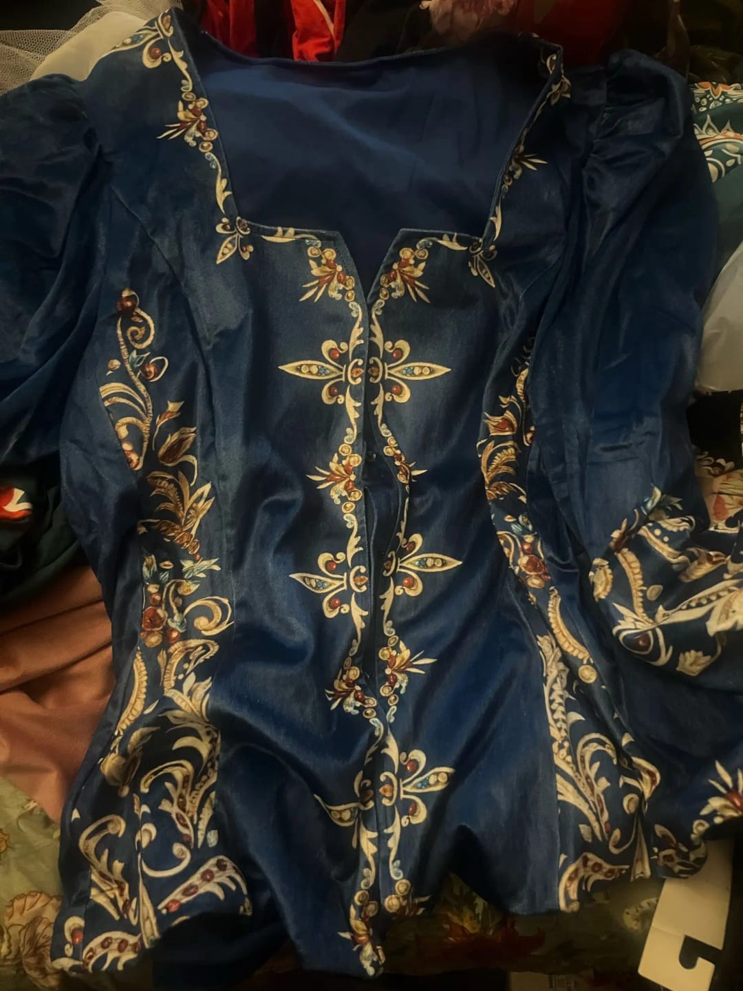 Customer photo review of Velvet Blouse Floral Embroidered Deep V Neck Peplum — Deep Cobalt Blue | KIMLUD