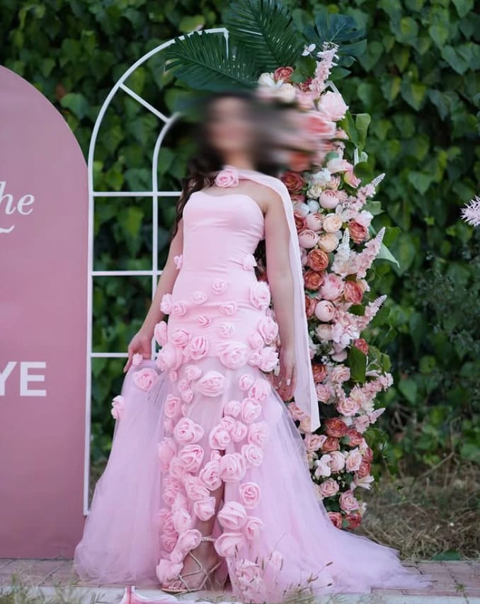 Customer photo review of Satin Mermaid Prom Dress 3D Flowers, Sleeveless — Pink | KIMLUD