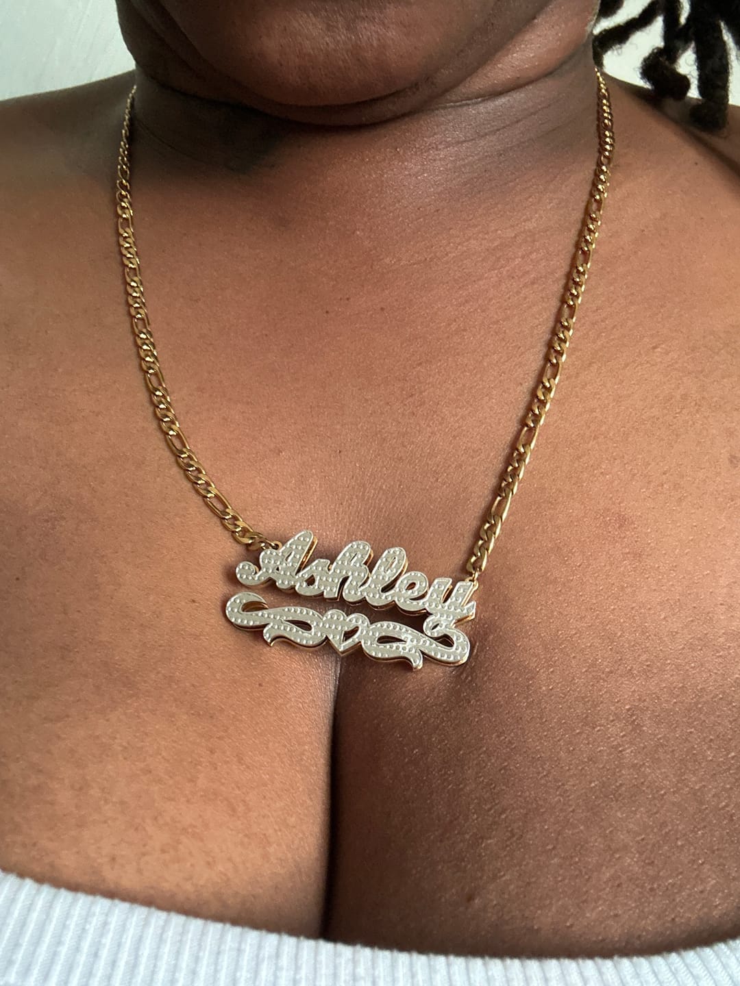 Customer photo review of Double Plated Heart Twirl Name Necklace w/ Figaro Chain