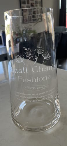 Customer photo review of Engraved Medium Tapered Clear Glass Vase - 12D x22cmH