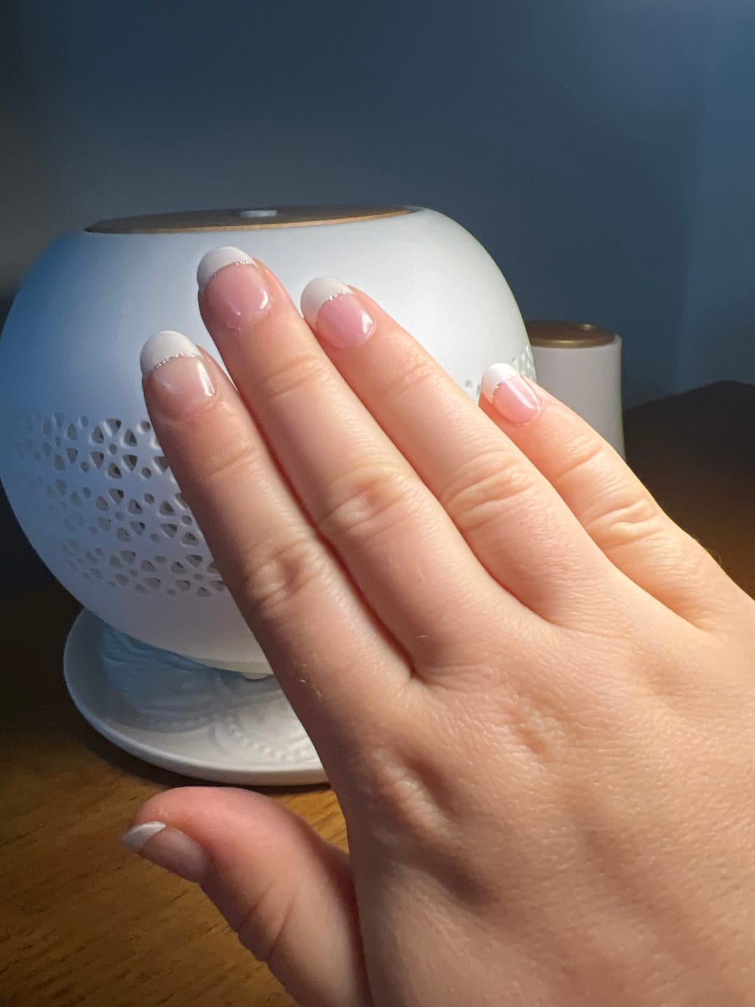 Customer photo review of White French Tip Glitter DIY Semicured Gel Nail Sticker Kit