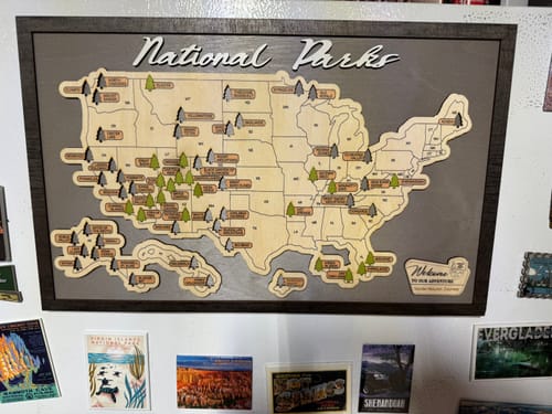 Customer photo review of US Wooden National Parks Travel Map With Trees To Record Park Visits (Light Grey)