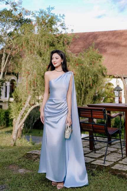 Customer photo review of NIMBUS One Shoulder Satin Maxi Dress